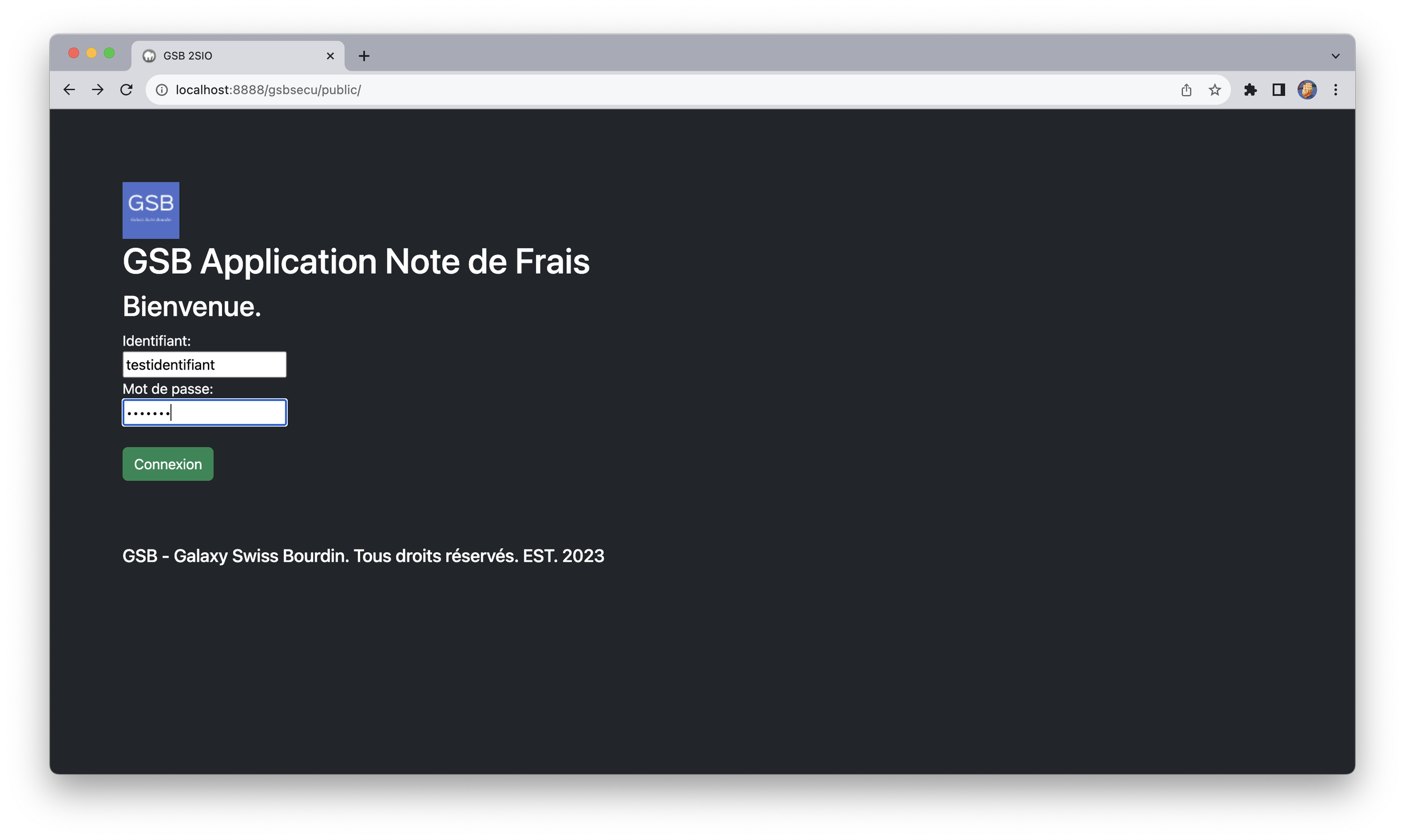 Test de connexion via les outils du navigateur.
