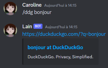 Une commande qui permet de faire une recherche sur le moteur DuckDuckGo.