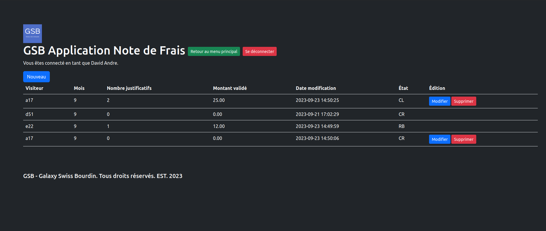 Fiche des frais du mois en cours